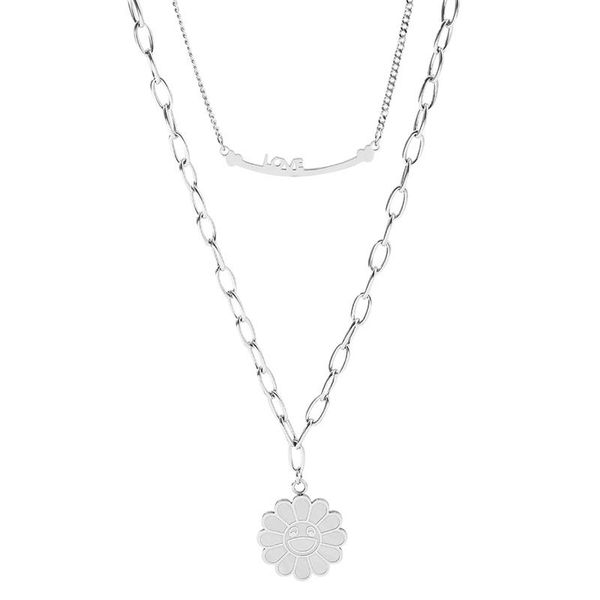pendant necklaces fashion double layer stainless steel daisy flower necklace bohemian women's charm clavicle jewelr, Silver